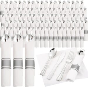 Supernal 120pack Silver Plastic Silverware,Rolled Plastic Silverware,Pre Rolled Napkins with Cutlery Set,Wrapped Disposable Cutlery Set with Napkin Perfect for Mother's Day, Birthday, Wedding,Catering