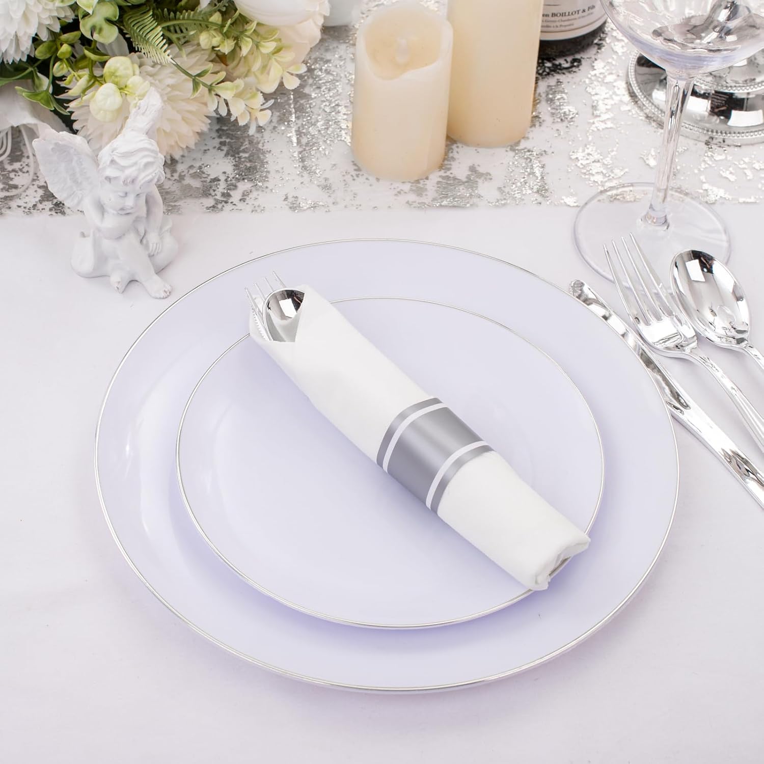 Supernal 120pack Silver Plastic Silverware,Rolled Plastic Silverware,Pre Rolled Napkins with Cutlery Set,Wrapped Disposable Cutlery Set with Napkin Perfect for Mother's Day, Birthday, Wedding,Catering - Image 3