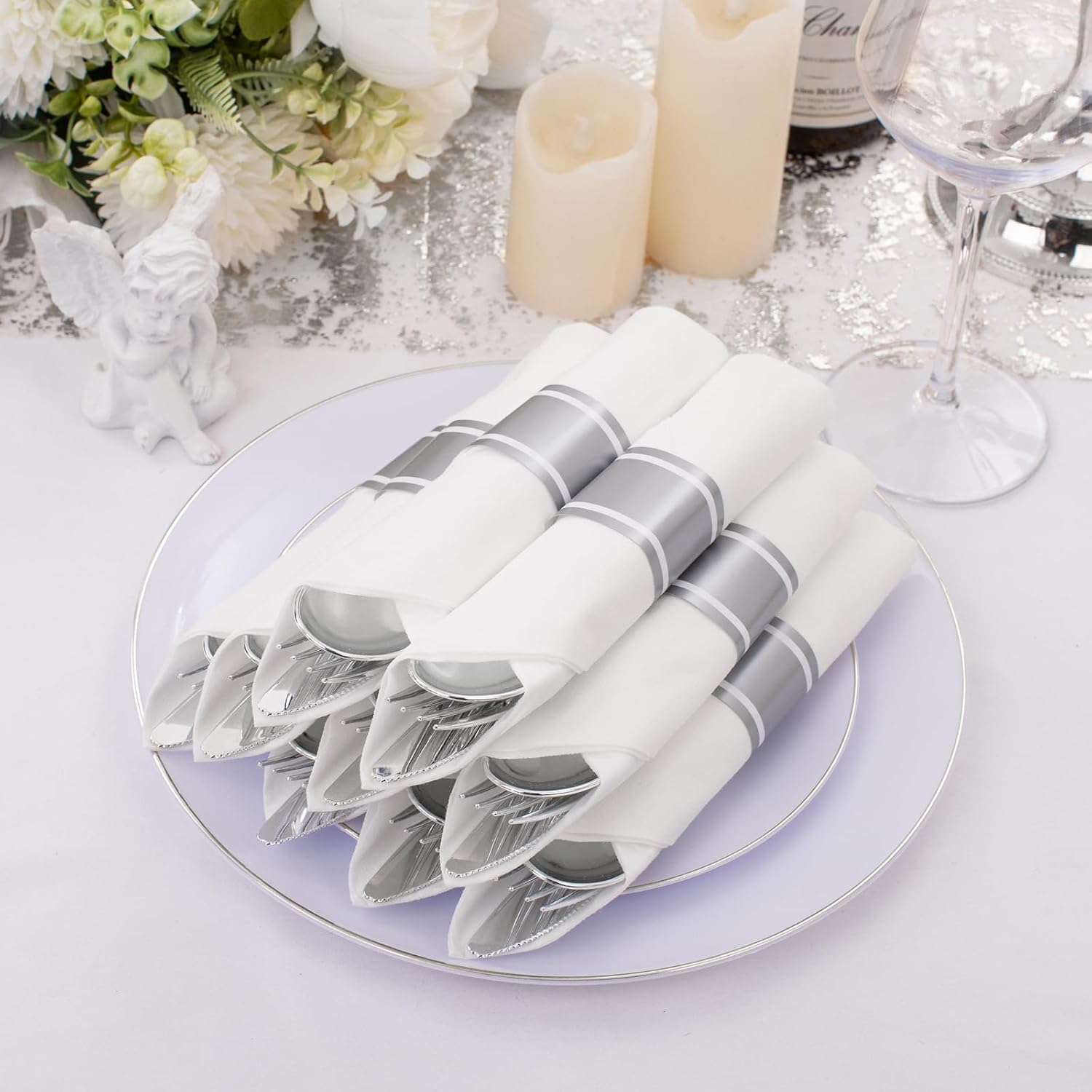 Supernal 120pack Silver Plastic Silverware,Rolled Plastic Silverware,Pre Rolled Napkins with Cutlery Set,Wrapped Disposable Cutlery Set with Napkin Perfect for Mother's Day, Birthday, Wedding,Catering - Image 8