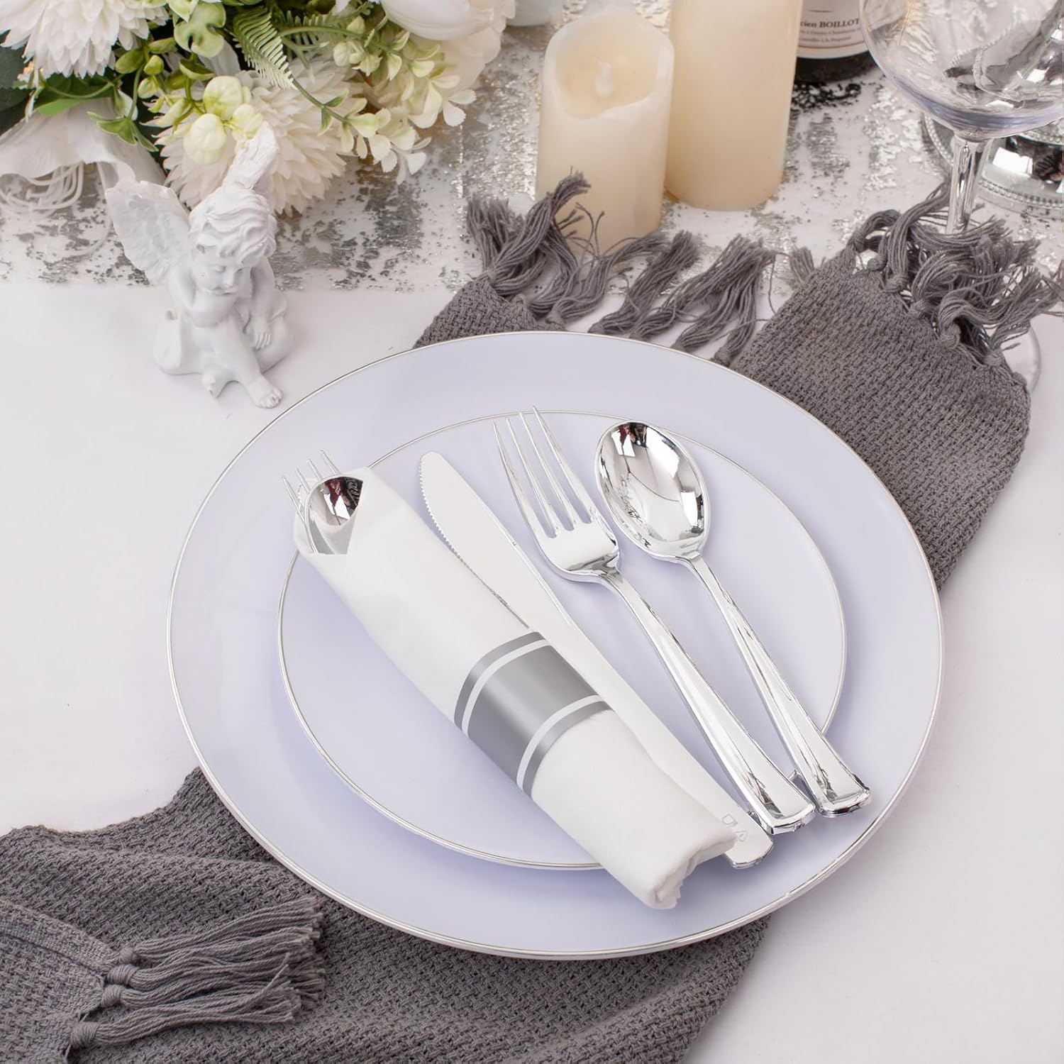 Supernal 120pack Silver Plastic Silverware,Rolled Plastic Silverware,Pre Rolled Napkins with Cutlery Set,Wrapped Disposable Cutlery Set with Napkin Perfect for Mother's Day, Birthday, Wedding,Catering - Image 9