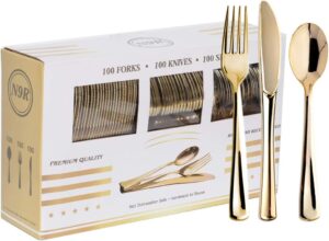 N9R 300PCS Gold Plastic Silverware, Heavy Duty Gold Plastic Cutlery Set Disposable Flatware Dinnerware, 100 Forks, 100 Spoons, 100 Knives, Perfect for Party, Wedding and Daily Use